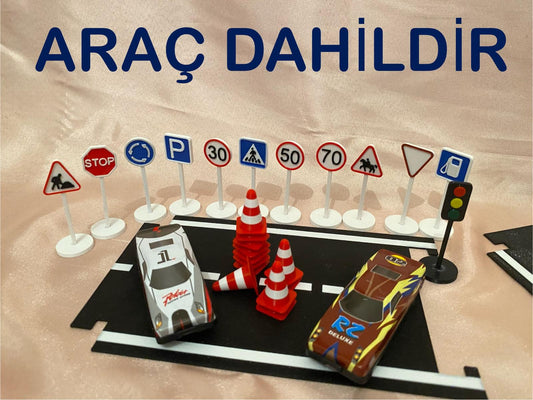 Mini Trafik Eğitim Seti Asfalt - Trafik Levhaları - Duba Çocuk Eğitici Seti Sürpriz araba hediyeli