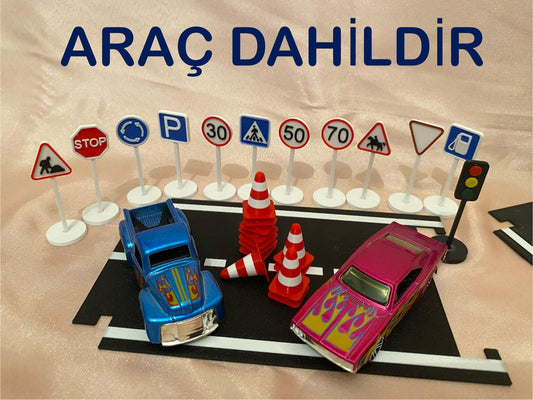 Mini Trafik Eğitim Seti Yol - Trafik Levhaları - Duba Çocuk Eğitici Seti Sürpriz araba hediyeli