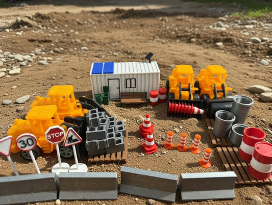 Mini Yol Çalışması Şantiye Seti – Trafik Konileri, İş Makineleri ve Levhalar – Diorama & Oyuncak Set